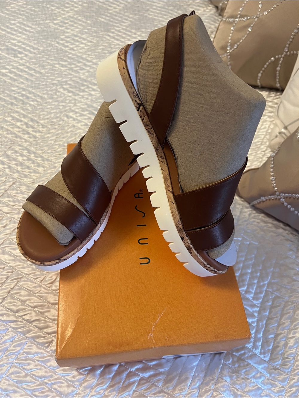 Unisa Brown Leather Wedge Sandals with White Lug Sole